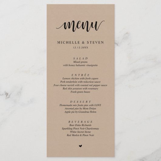 Rustic Kraft Wedding Elopement Dinner Menu Menükarte (Vorderseite)