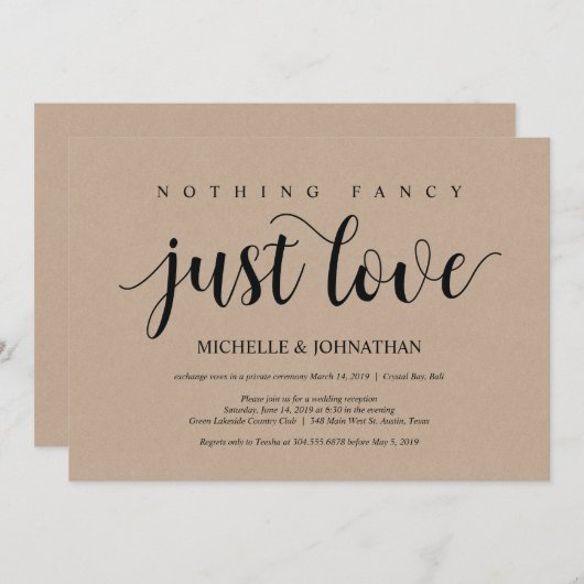 Rustic Kraft Wedding Elopement Empfang lädt ein Einladung (Vorne/Hinten)