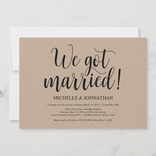 Rustic Kraft Wedding Elopement Empfang lädt ein Einladung (Vorderseite)