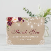 Rustic Kraft Wedding floral Jar Lights Lace Dankeskarte (Stehend Vorderseite)
