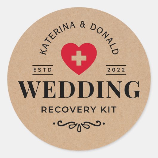 Rustic Kraft Wedding Hangover Erholung Kit Klasse Runder Aufkleber (Vorderseite)