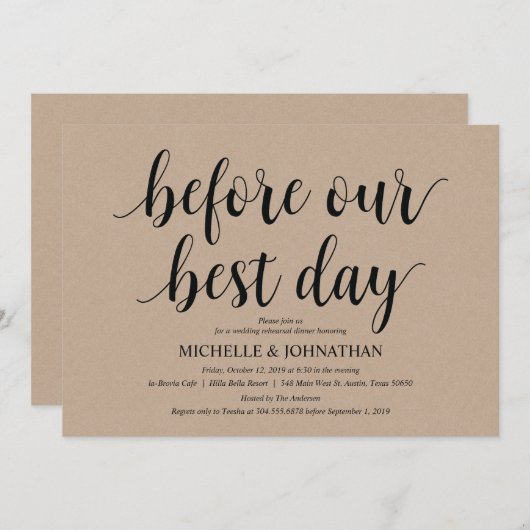 Rustic Kraft Wedding Probe Dinner lädt ein Einladung (Vorne/Hinten)