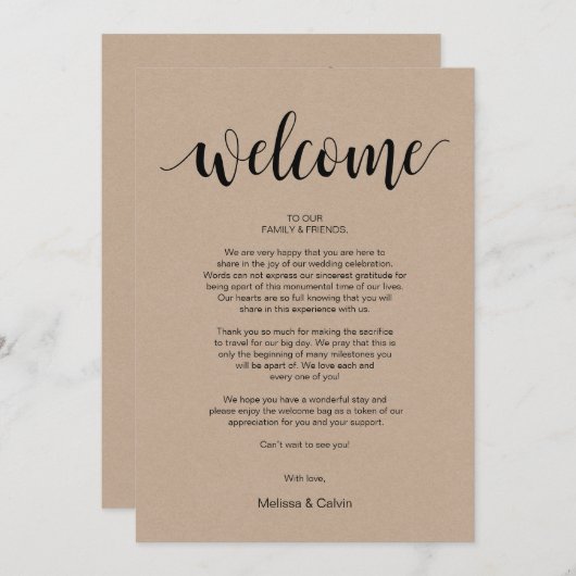 Rustic Kraft Wedding Welcome and Itinerary Card Programm (Vorne/Hinten)