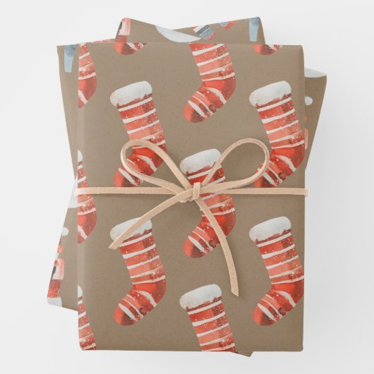 Rustic Kraft Weihnachts-Strümpfe Snowmen & Jammies Geschenkpapier Set (Beispiel)