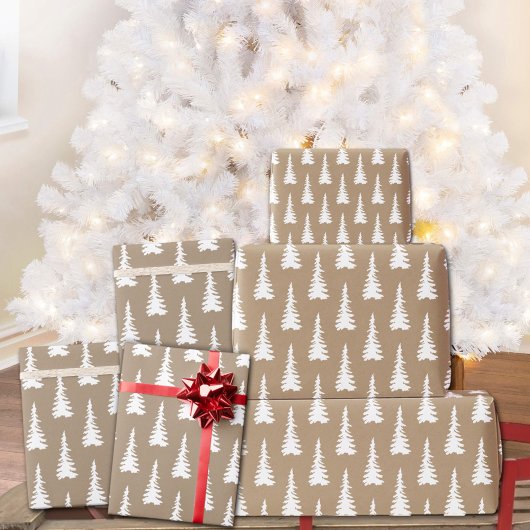 Rustic Kraft White Woodland Weihnachtsbaumen Geschenkpapier