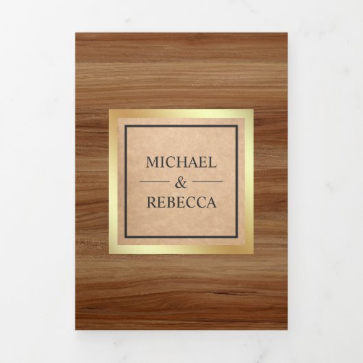 Rustic Kraft Wood Fairytale Castle Wedding Foto Dreifach Gefaltete Einladung (Cover)