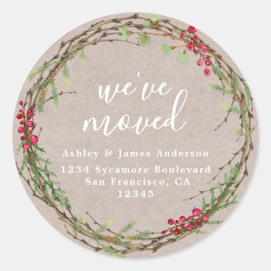 Rustic Kraft Wreath We’ve Moved Address Runder Aufkleber (Vorderseite)