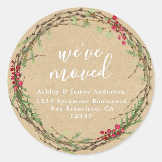 Rustic Kraft Wreath We’ve Moved Address Runder Aufkleber (Vorderseite)