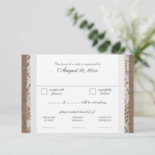 Rustic Lace and Burlap Wedding RSVP Dinner Wählen  (Stehend Vorderseite)