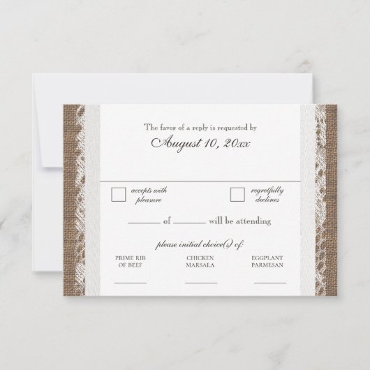Rustic Lace and Burlap Wedding RSVP Dinner Wählen  Karte (Vorderseite)