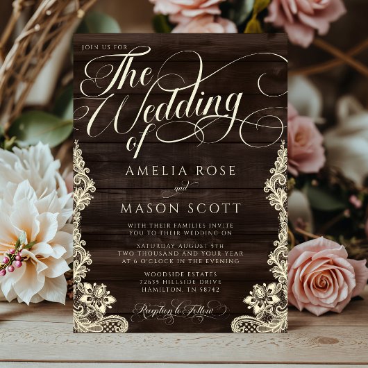 Rustic Lace and Wood Script Calligraphy Wedding Einladung