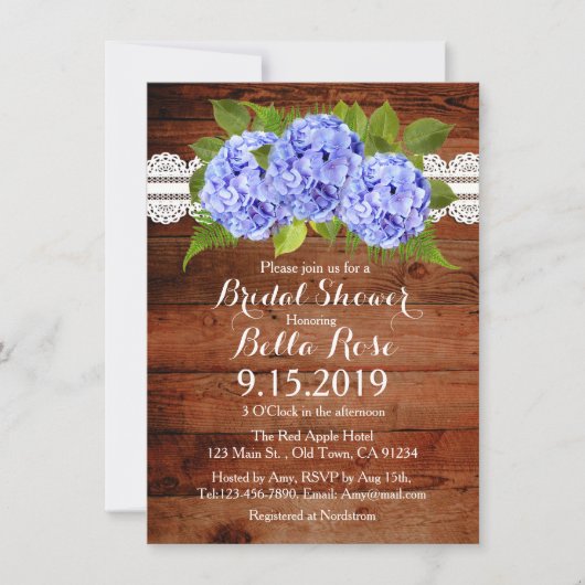 Rustic Lace Blue Hydrangea Brautparty lädt ein Einladung (Vorderseite)