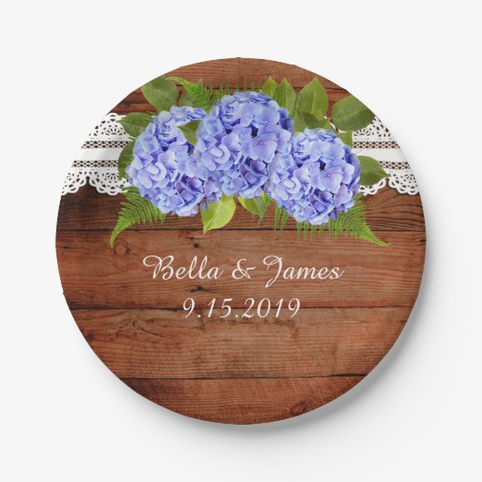 Rustic Lace Blue Hydrangea Wedding Paper Plate Pappteller (Vorderseite)