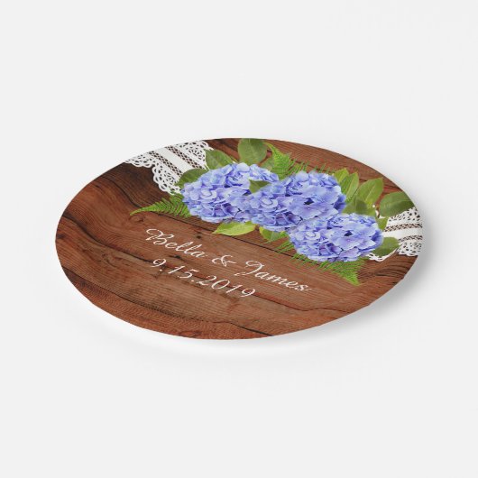 Rustic Lace Blue Hydrangea Wedding Paper Plate Pappteller (Schrägansicht)