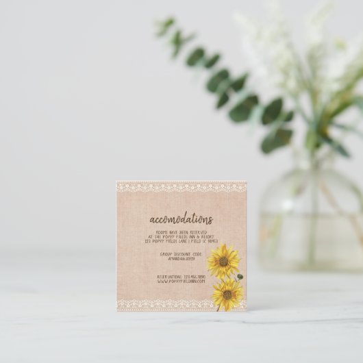 Rustic Lace & Burlap Sunflowers Wedding Hotel Begleitkarte (Stehend Vorderseite)