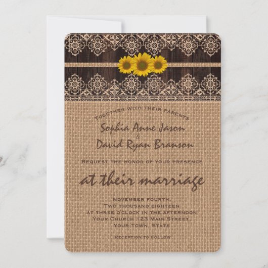 Rustic Lace Burlap Wood Wedding Einladung (Vorderseite)