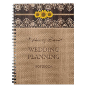 Rustic Lace Burlap Wood Wedding Planner Notizblock