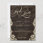 Rustic Lace Dark Wood Just Love Script Wedding Einladung (Vorderseite)