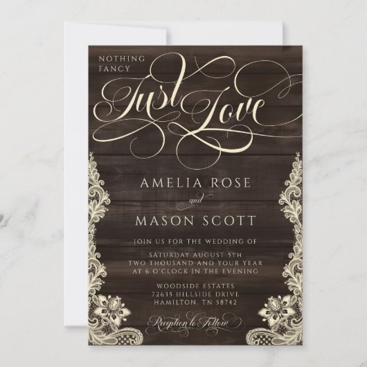 Rustic Lace Dark Wood Just Love Script Wedding Einladung (Vorderseite)