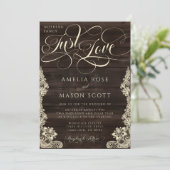 Rustic Lace Dark Wood Just Love Script Wedding Einladung (Stehend Vorderseite)