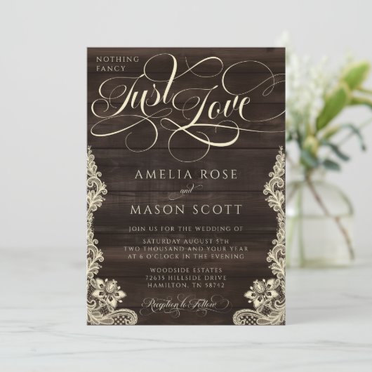 Rustic Lace Dark Wood Just Love Script Wedding Einladung (Stehend Vorderseite)