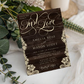 Rustic Lace Dark Wood Just Love Script Wedding Einladung