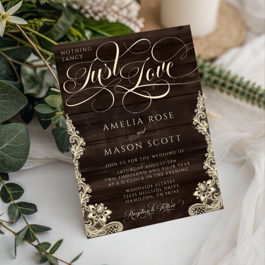 Rustic Lace Dark Wood Just Love Script Wedding Einladung