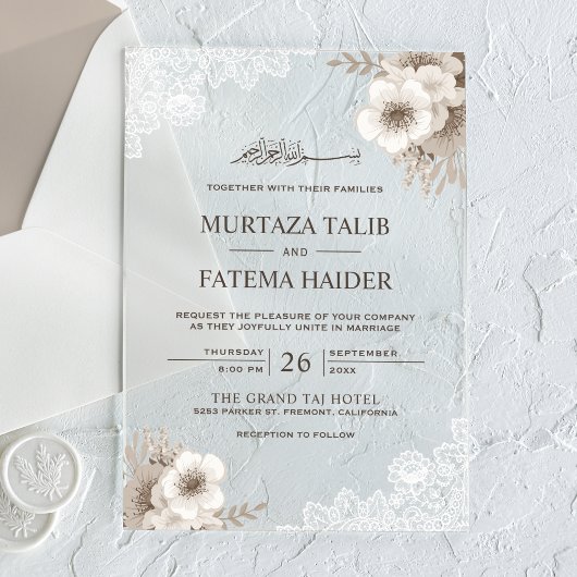 Rustic Lace Ivory Floral Islamic Wedding Acryleinladungen