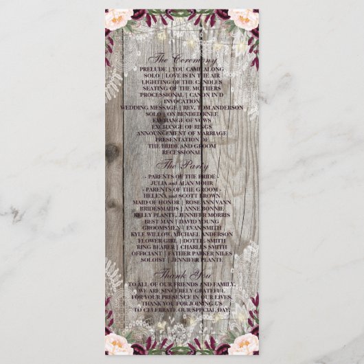 Rustic Lace Jar Wood String Lights Hochzeitsprogra Programm (Rückseite)