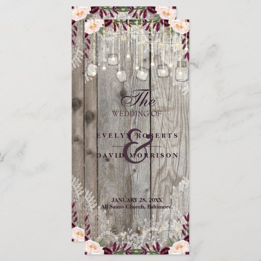 Rustic Lace Jar Wood String Lights Hochzeitsprogra Programm (Vorne/Hinten)