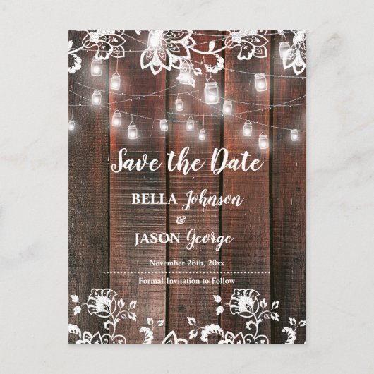 Rustic Lace String Lights Wedding Save The Date Einladungspostkarte (Vorderseite)