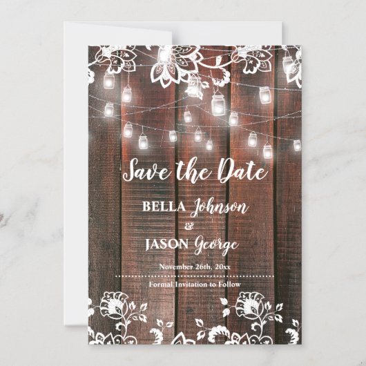Rustic Lace String Lights Wedding Save the Date Magneteinladung (Vorderseite)
