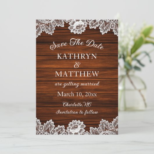 Rustic Lace Wood Wedding Save The Date (Stehend Vorderseite)