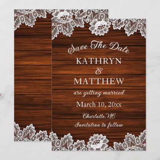 Rustic Lace Wood Wedding Save The Date (Vorne/Hinten)