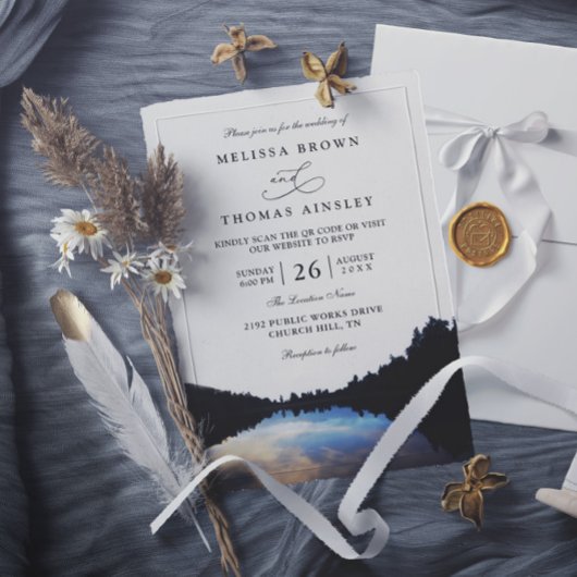 Rustic Lake Reflections Lakeside QR Code Wedding Einladung