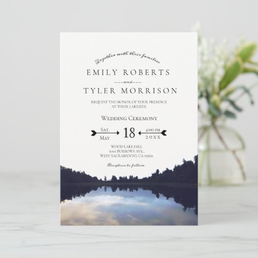 ©Rustic Lake Reflections Lakeside Wedding Einladung (Stehend Vorderseite)
