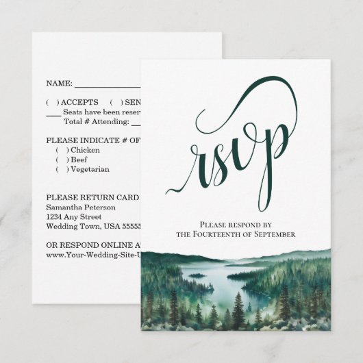 Rustic Lake Tahoe Elegant Script Wedding RSVP Karte (Vorne/Hinten)