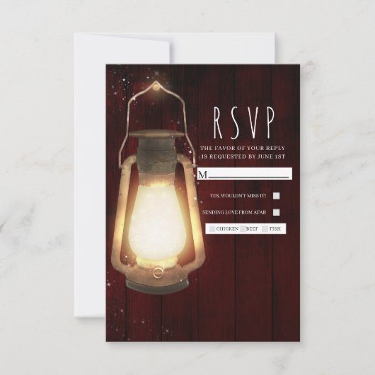Rustic Lantern Lights Cherry Wood Wedding RSVP Karte (Vorderseite)