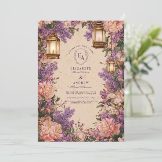 Rustic Lantern Lilac Peony Wedding Einladung (Stehend Vorderseite)