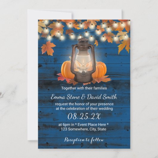 Rustic Lantern & Pumpkins Navy Blue Hochzeit im He Einladung (Vorderseite)