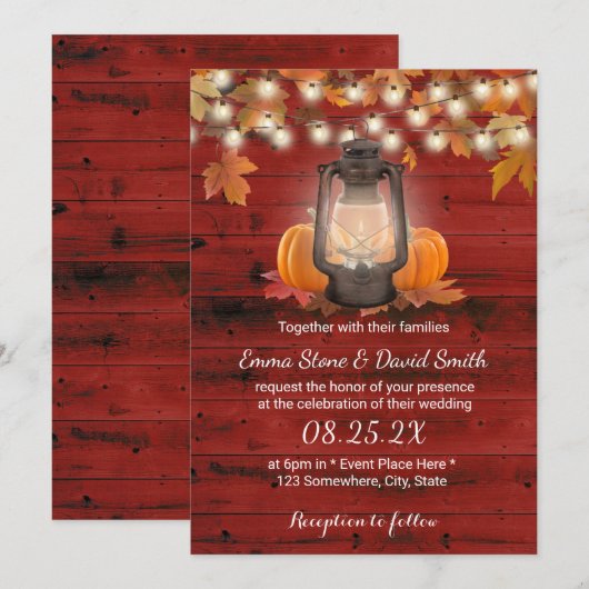 Rustic Lantern & Pumpkins Red Barn Hochzeit im Her Einladung (Vorne/Hinten)