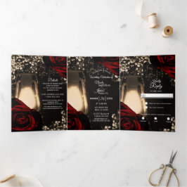 Rustic Lantern Rote Rosen Dreifache Hochzeit Dreifach Gefaltete Einladung