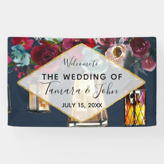 Rustic Lanterns Navy Burgundy Merlot Wedding Banner (Horizontal)