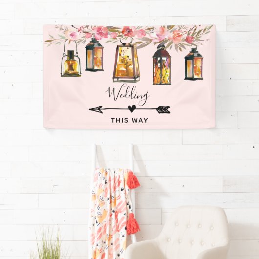 Rustic Lanterns Rose Gold Wedding Direction Banner (Insitu)