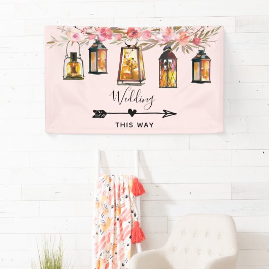 Rustic Lanterns Rose Gold Wedding Direction Banner (Insitu)