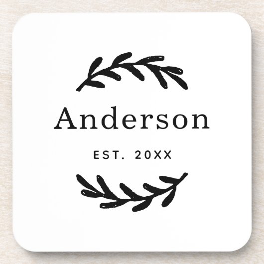 Rustic Laurel Branch Wreath Nachname Monogram Getränkeuntersetzer (Vorderseite)