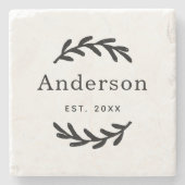 Rustic Laurel Branch Wreath Nachname Monogram Steinuntersetzer (Vorderseite)