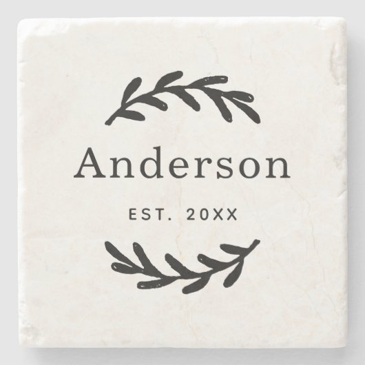 Rustic Laurel Branch Wreath Nachname Monogram Steinuntersetzer (Vorderseite)