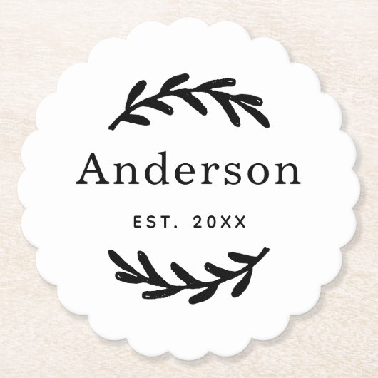Rustic Laurel Branch Wreath Nachname Monogram Untersetzer (Vorderseite)