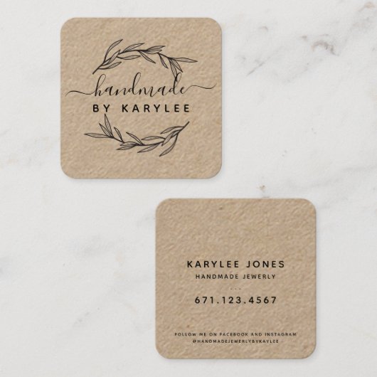 Rustic Laurel Leaf Handmade Script Quadratische Visitenkarte (Vorne/Hinten)
